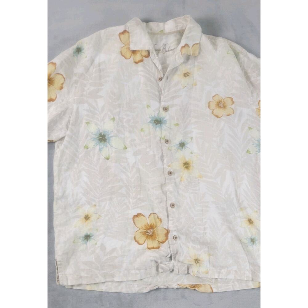 Tommy Bahama Hawaiian Camp Shirt Mens XL 100% Linen Floral Button Up tan neutral